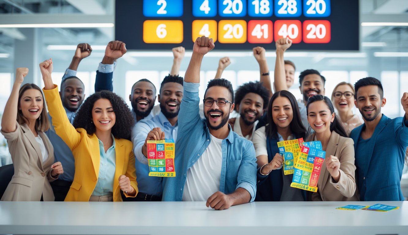 Sekelompok orang beragam merayakan kemenangan lotere dengan ekspresi gembira di dalam ruangan kantor yang terang.