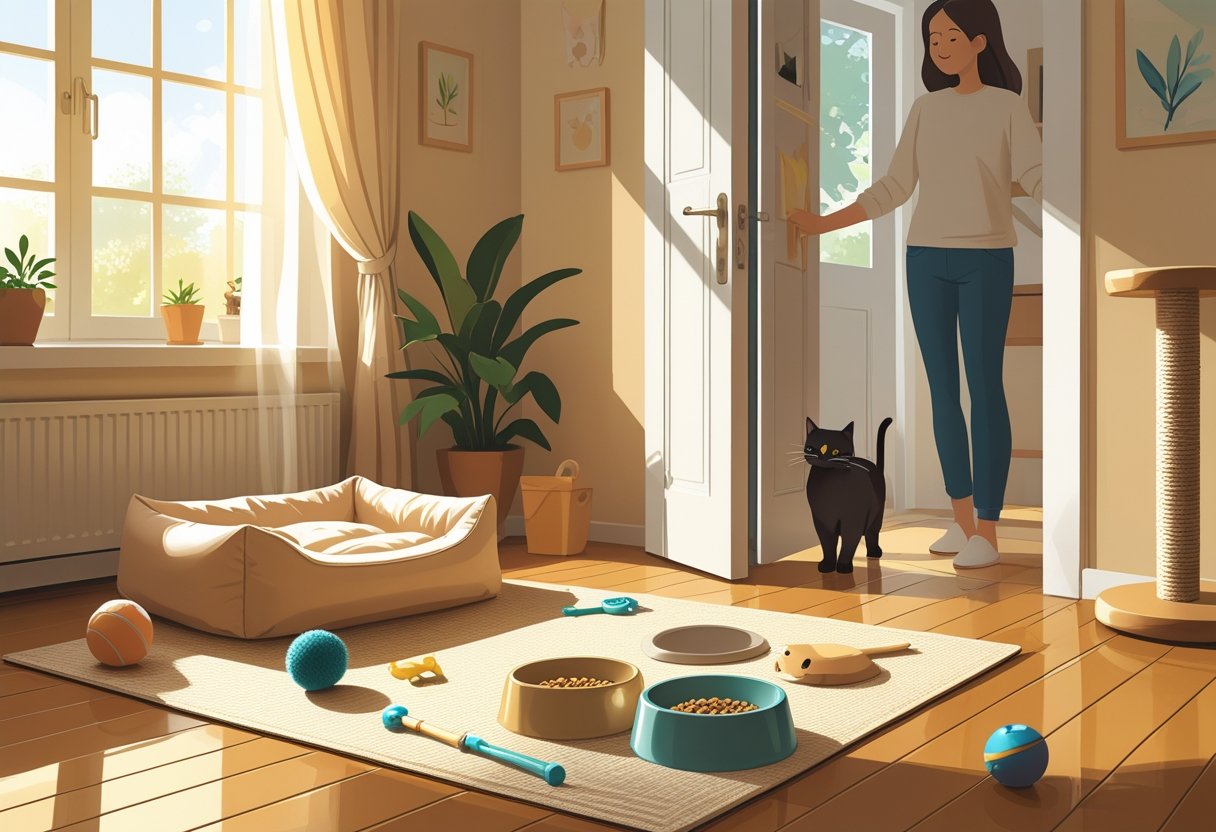 A living room with a cat bed, toys, scratching post, and food bowls prepared for a new cat, with a person opening a door to welcome the cat inside.