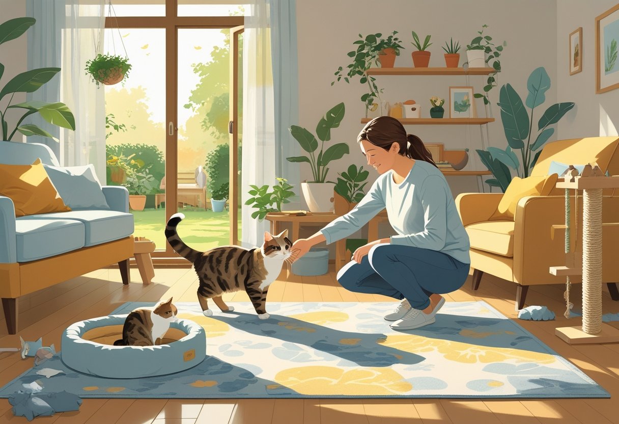 A person gently introducing a new cat to a cozy living room with cat toys and a scratching post.