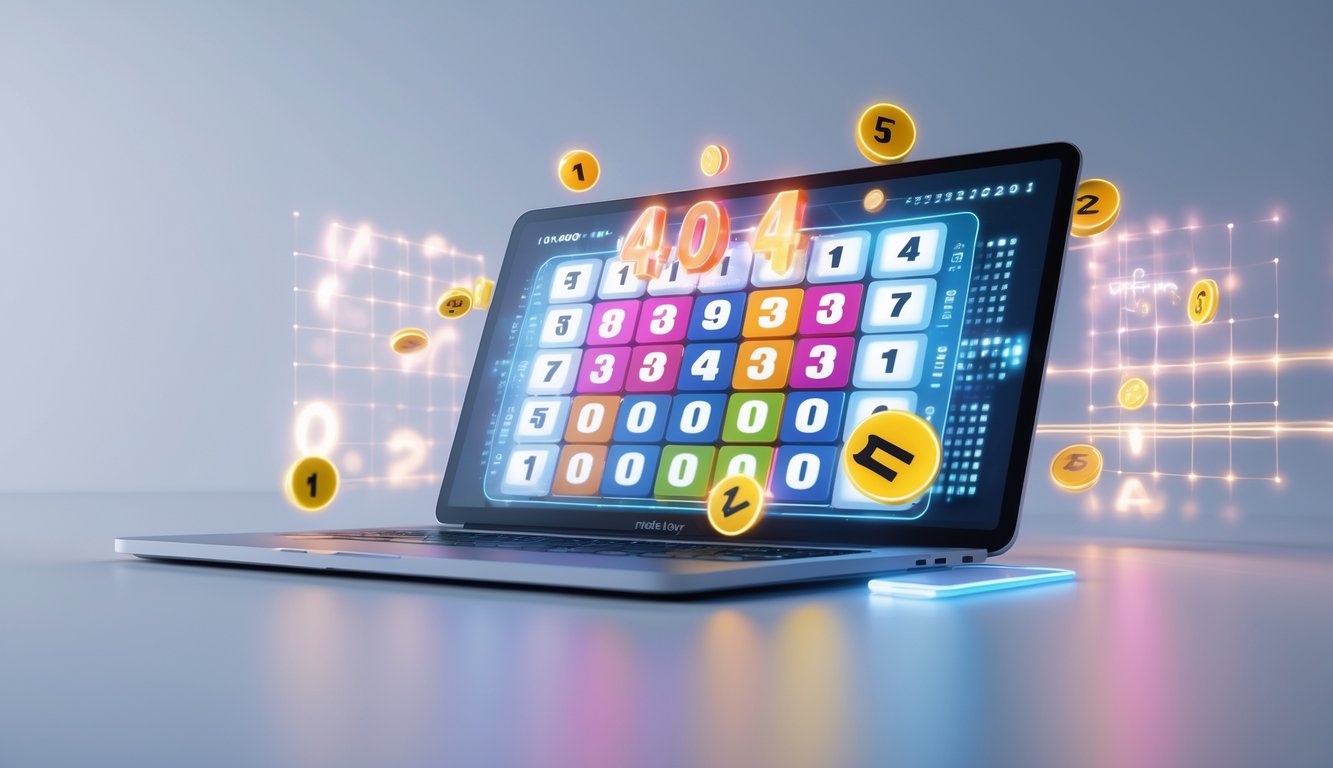 Sebuah perangkat digital menampilkan grafik angka lotere dengan latar belakang abstrak dan elemen teknologi.