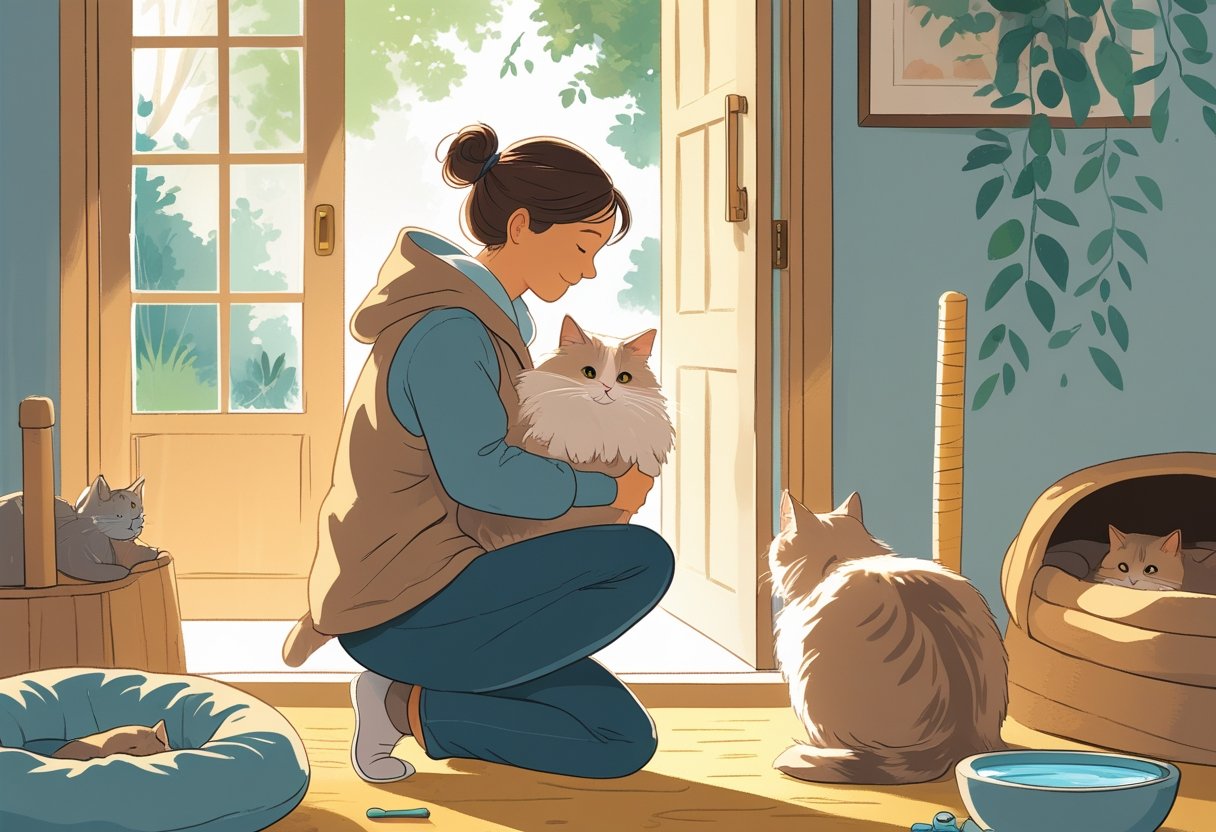 A person gently bringing a new cat into a cozy home with cat toys and a bed nearby.