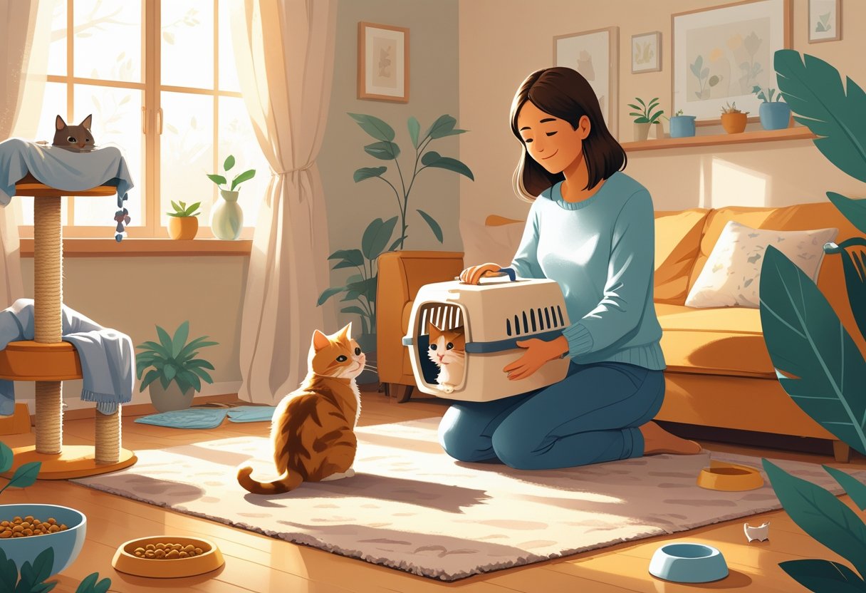 A person gently holding a cat carrier with a cat inside while another cat sits calmly nearby in a cozy living room.