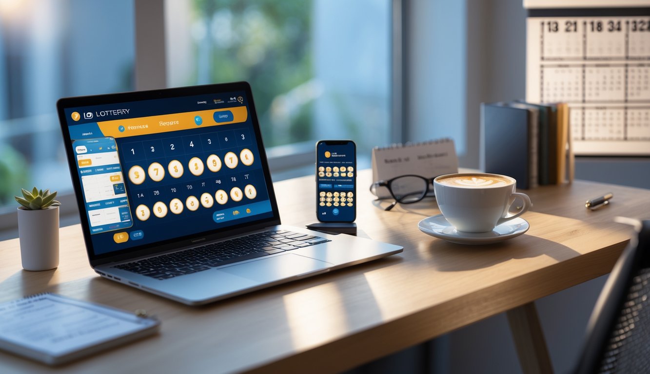 Meja kerja modern dengan laptop dan ponsel yang menampilkan aplikasi lotere, cangkir kopi, dan alat tulis di sekitarnya.