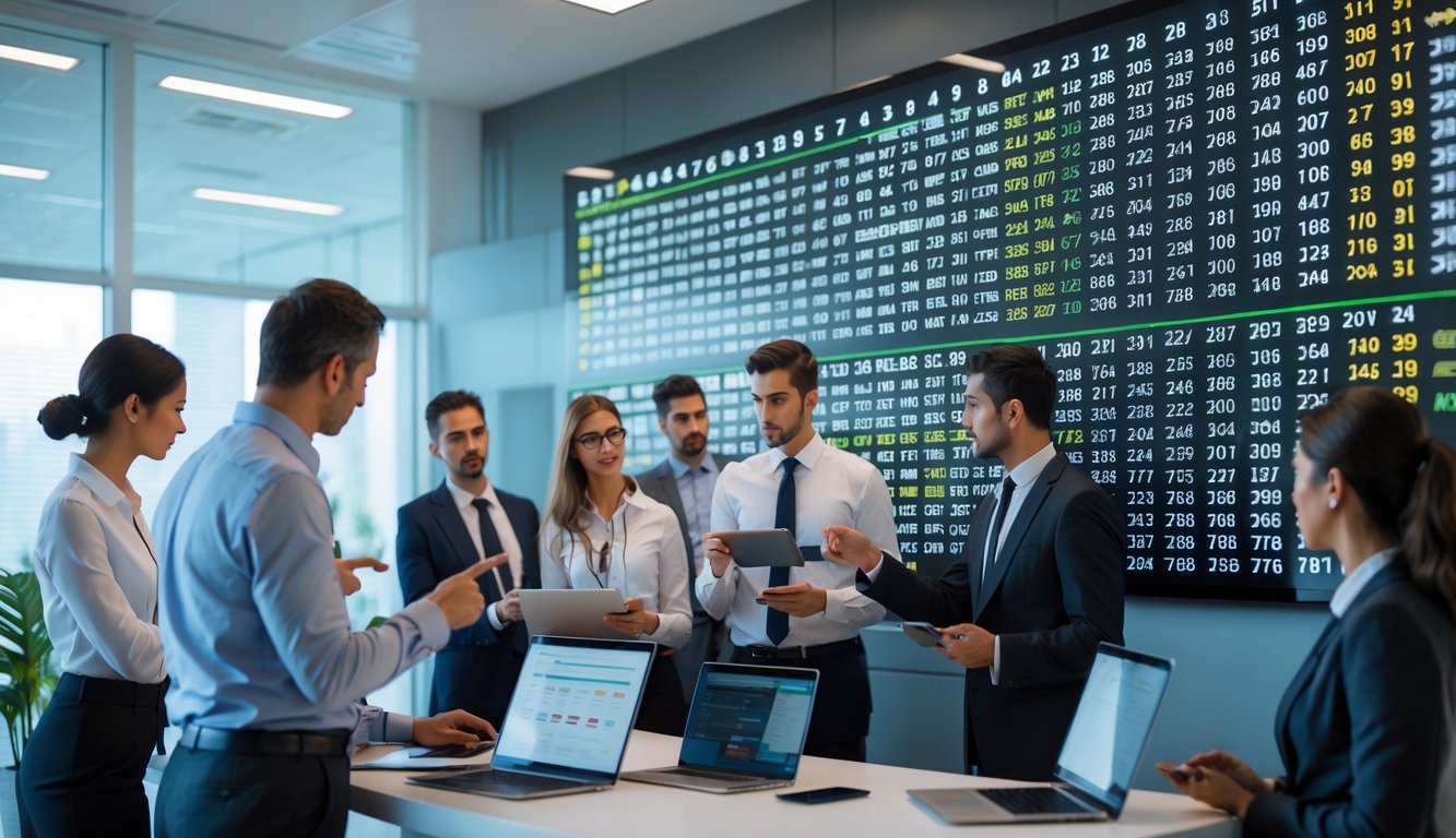 Beberapa profesional sedang melihat layar besar yang menampilkan hasil nomor togel terbaru di sebuah kantor modern.