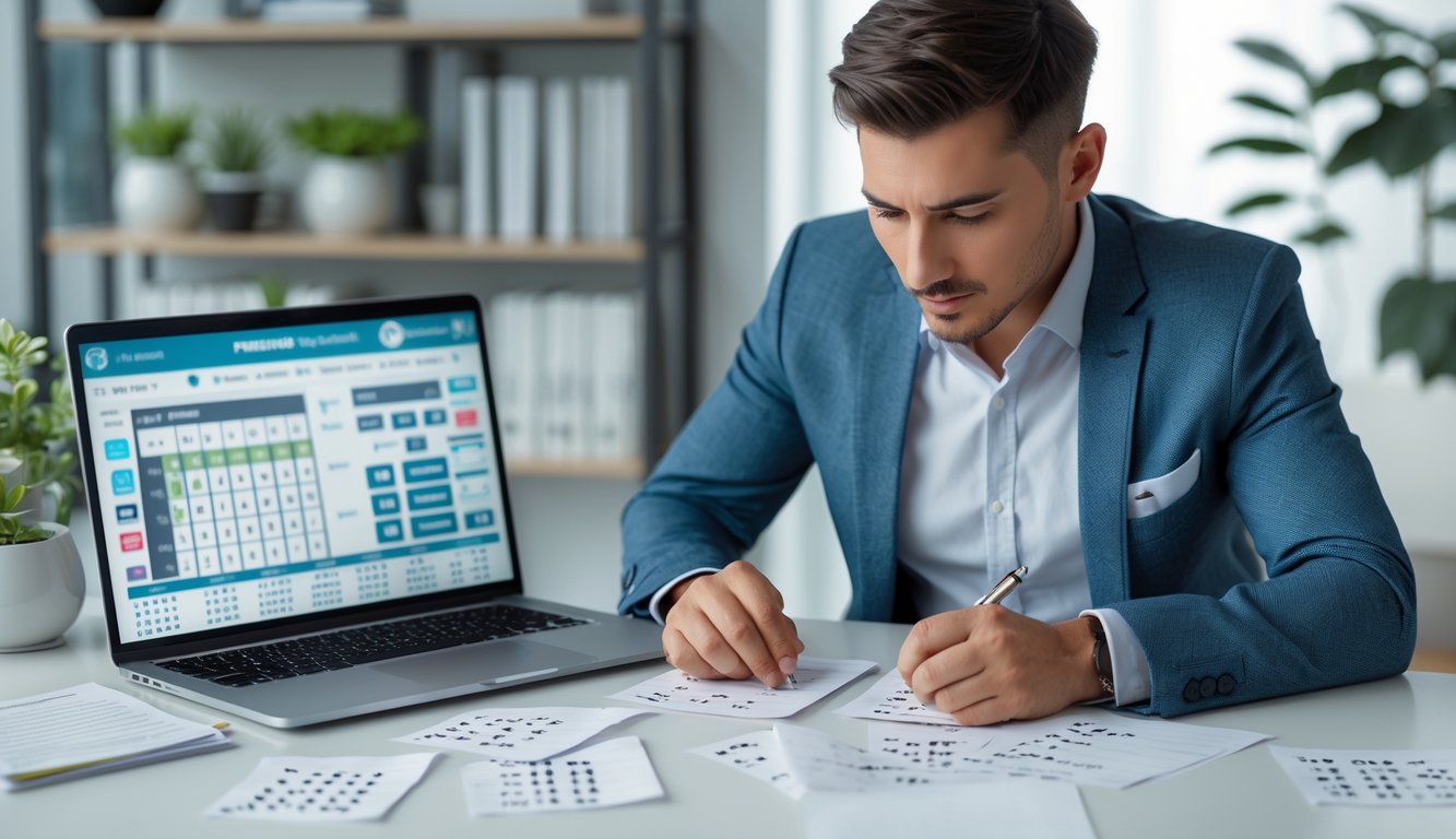 Seseorang sedang duduk di meja kerja dengan laptop dan ponsel, menganalisis angka dan menulis catatan di ruang kantor yang rapi.