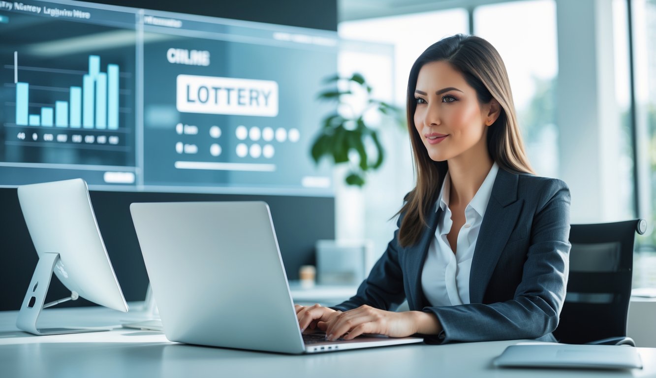 Seorang wanita profesional duduk di meja kantor modern menggunakan laptop dengan ekspresi fokus.