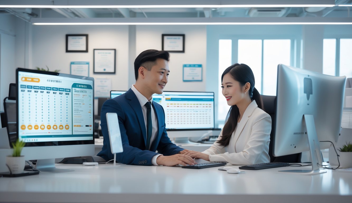 Dua orang profesional sedang bekerja bersama di kantor modern dengan layar komputer yang menampilkan grafik terkait togel.