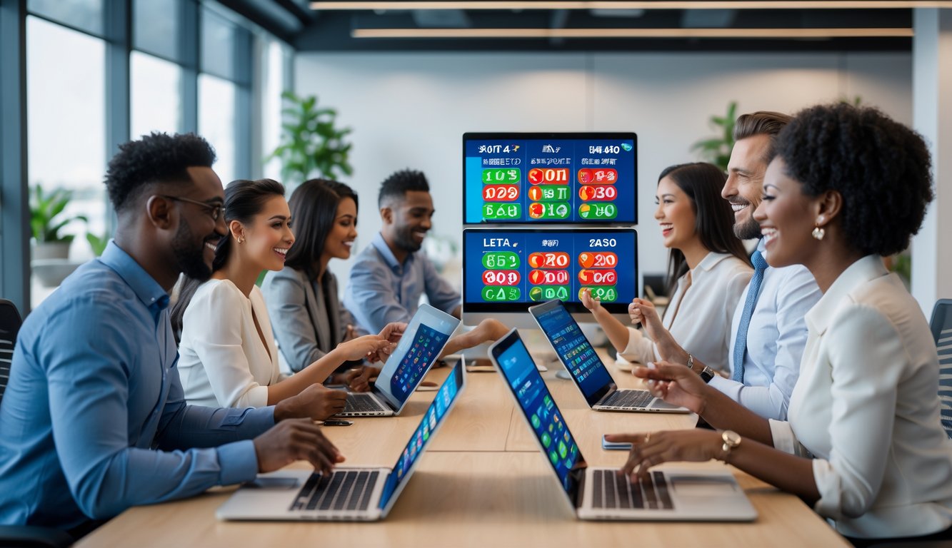 Orang-orang di kantor modern menggunakan perangkat digital untuk bermain togel online dengan suasana profesional dan penuh antusiasme.