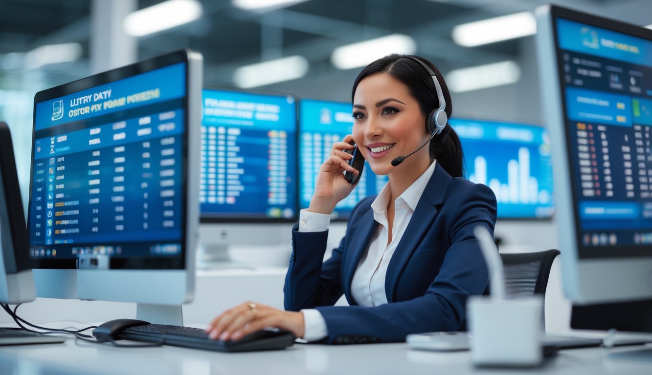 Seorang agen layanan pelanggan di kantor modern sedang berbicara menggunakan headset dengan layar komputer menampilkan data keuangan dan transaksi.