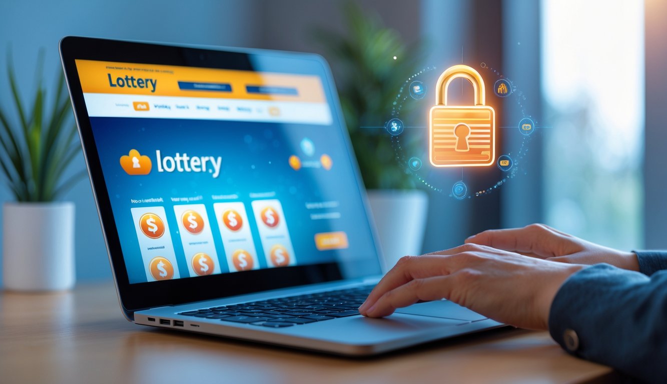 Tangan seseorang menggunakan laptop di meja kerja dengan latar belakang simbol keamanan digital.