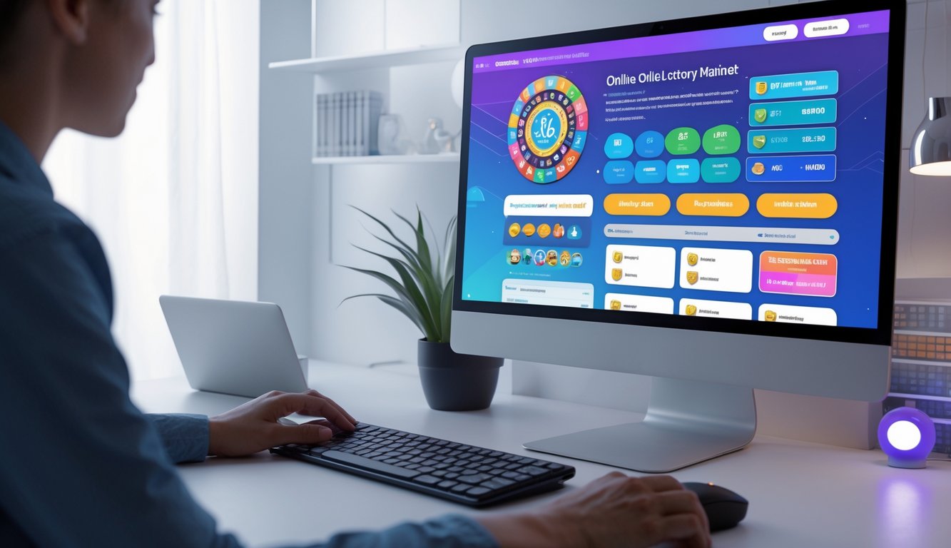 Sebuah ruang kerja modern dengan komputer yang menampilkan antarmuka platform togel online resmi, dengan tangan seseorang sedang menggunakan keyboard dan mouse.