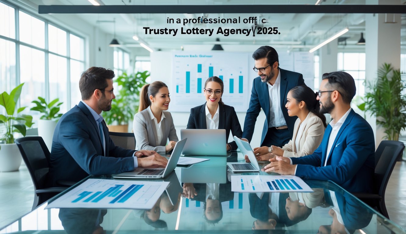 Sekelompok profesional bisnis sedang berdiskusi di ruang kantor modern yang terang dengan peralatan kerja di atas meja.