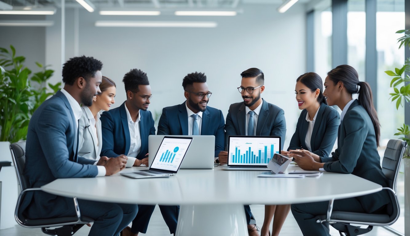 Sekelompok profesional bisnis sedang berdiskusi di sekitar meja konferensi di kantor modern yang terang.