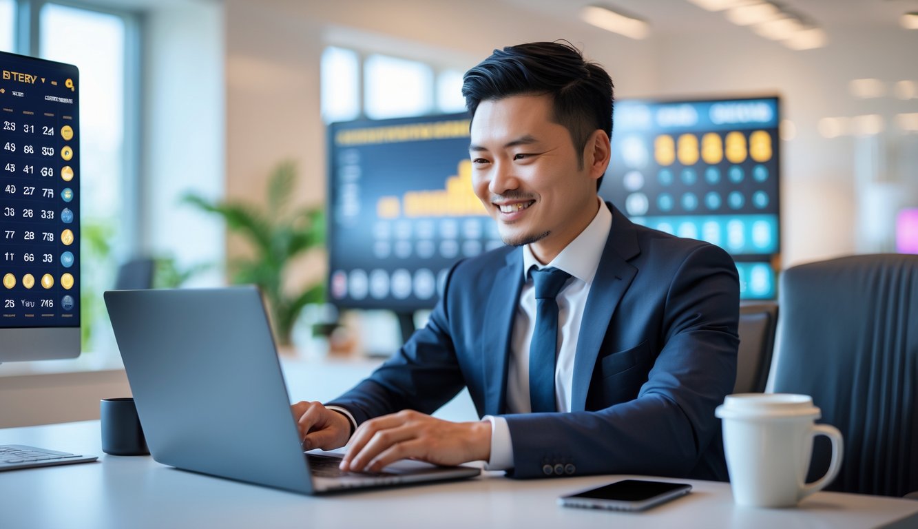 Seorang pebisnis Asia tersenyum bekerja dengan laptop di kantor modern yang terang dan rapi.