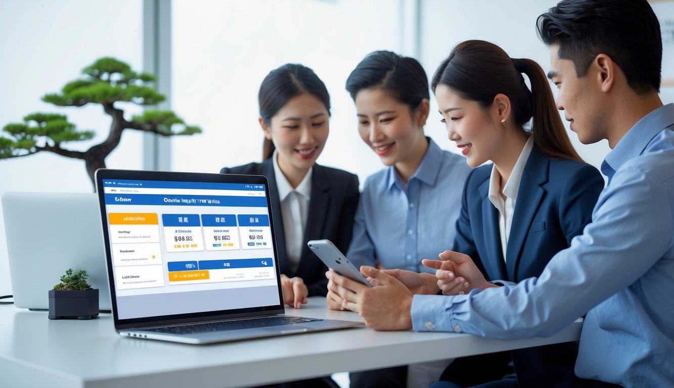 Beberapa profesional muda Asia menggunakan laptop dan ponsel di meja kantor yang rapi.