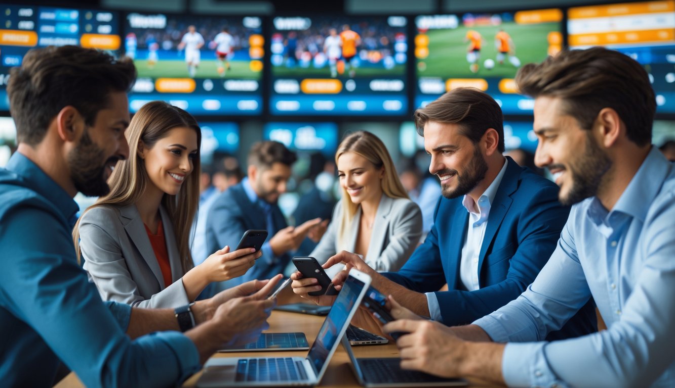 Beberapa orang menggunakan perangkat digital untuk memasang taruhan olahraga di ruang modern dengan layar besar menampilkan pertandingan olahraga.