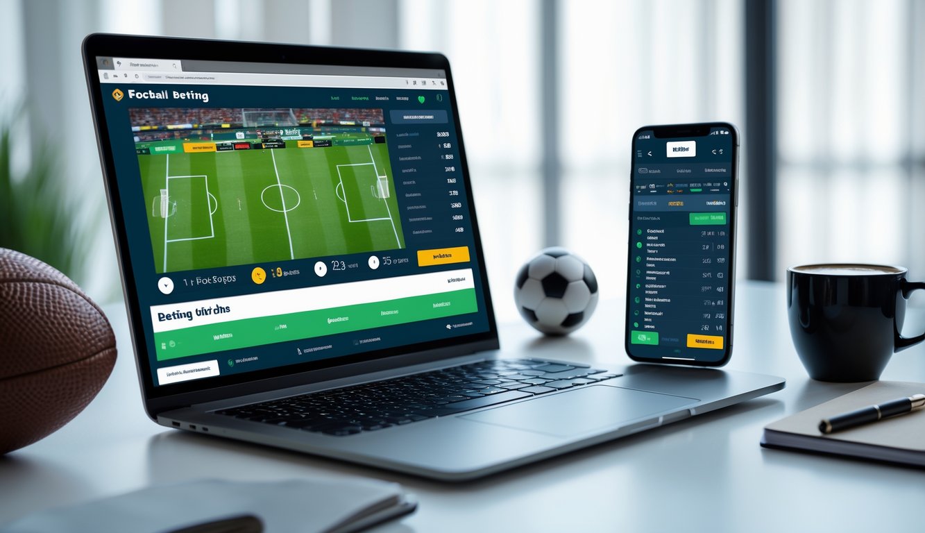 Seseorang menggunakan laptop dan ponsel untuk memasang taruhan pada pertandingan sepak bola online di meja kerja modern.