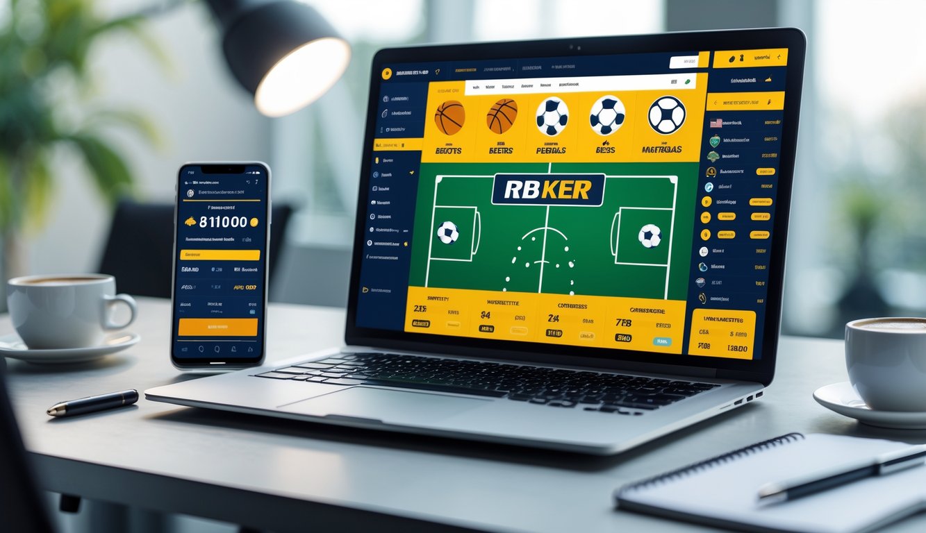 Meja kerja dengan laptop yang menampilkan situs taruhan olahraga online, ponsel dengan peluang taruhan langsung, secangkir kopi, dan buku catatan.