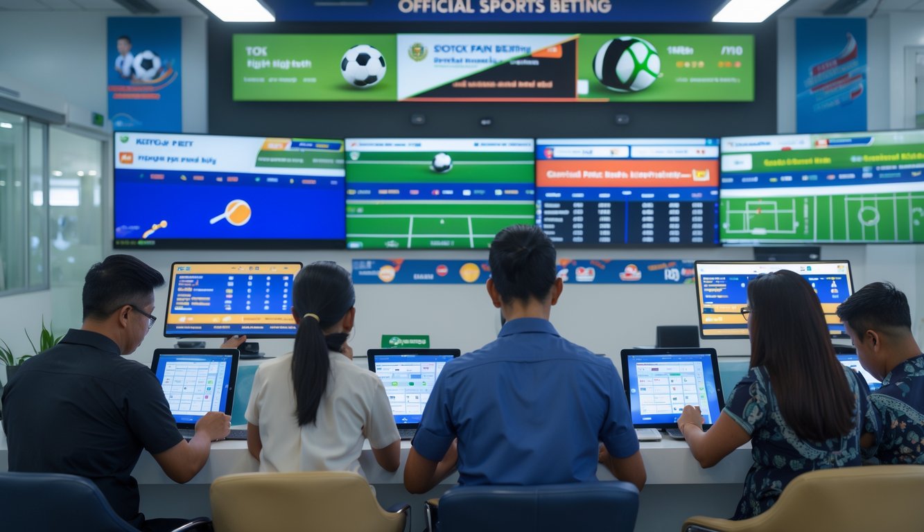 Orang-orang Indonesia menggunakan ponsel dan tablet di kantor taruhan olahraga resmi dengan layar digital menampilkan berbagai olahraga populer.