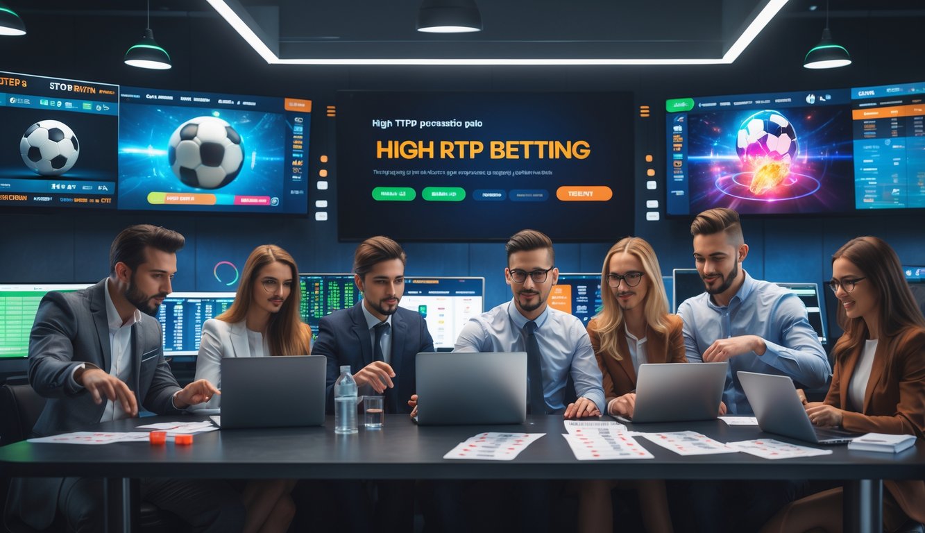 Beberapa orang muda sedang menggunakan perangkat digital di ruangan dengan layar besar yang menampilkan pertandingan olahraga dan statistik taruhan.