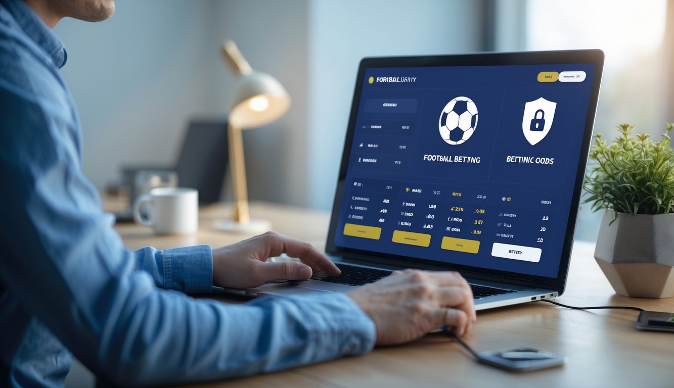 Seseorang menggunakan laptop dengan tampilan platform taruhan bola yang aman di meja kerja modern.