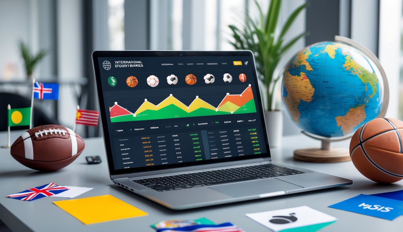 Sebuah laptop di meja kerja menampilkan antarmuka taruhan olahraga internasional dengan ikon berbagai olahraga dan bendera negara, dikelilingi peralatan olahraga seperti bola sepak dan raket tenis.
