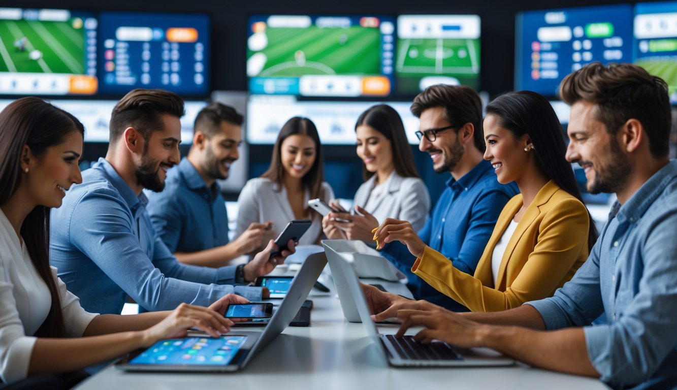 Sekelompok orang menggunakan perangkat digital untuk memasang taruhan olahraga di ruangan modern dengan layar besar menampilkan pertandingan olahraga langsung.