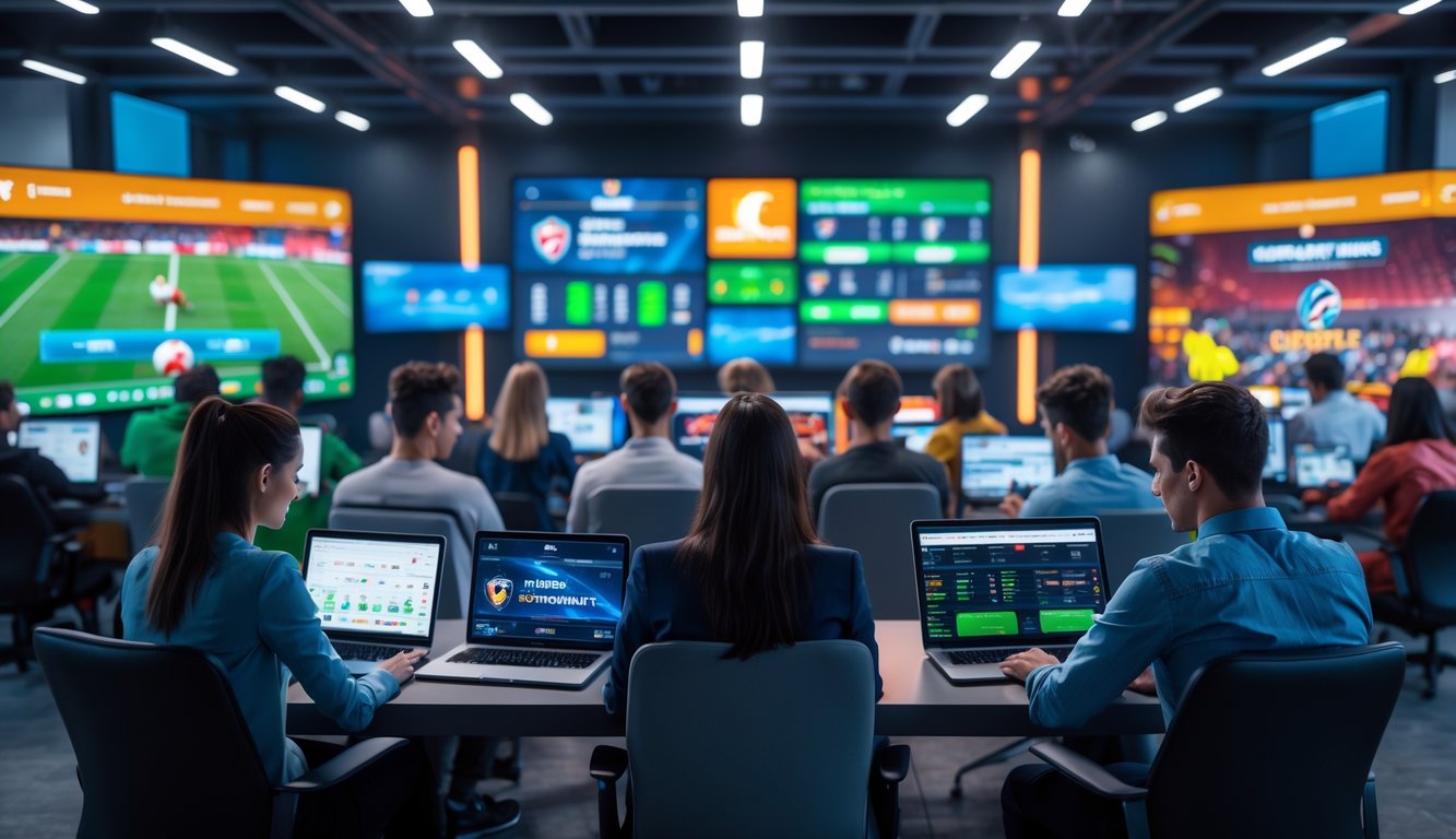 Sekelompok orang muda menggunakan perangkat digital untuk taruhan bola dan e-sport di ruangan modern.