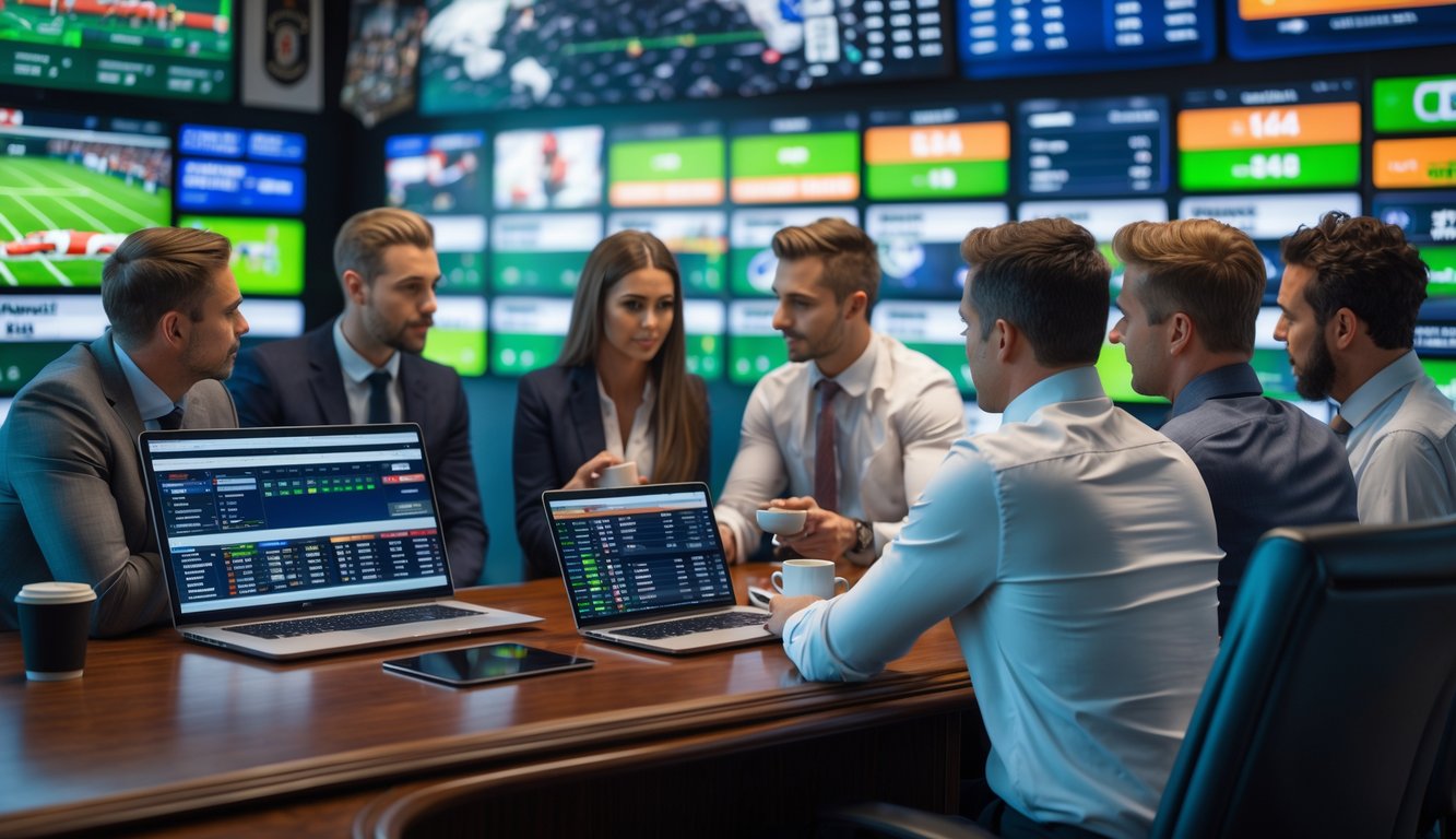 Orang-orang sedang melihat layar besar yang menampilkan berbagai olahraga dan menggunakan laptop untuk taruhan olahraga.