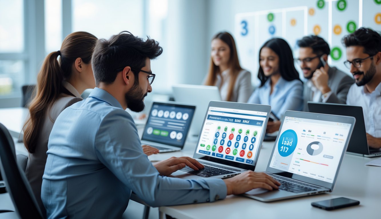 Orang-orang di kantor modern menggunakan perangkat digital untuk aktivitas lotere online dengan suasana profesional dan terpercaya.