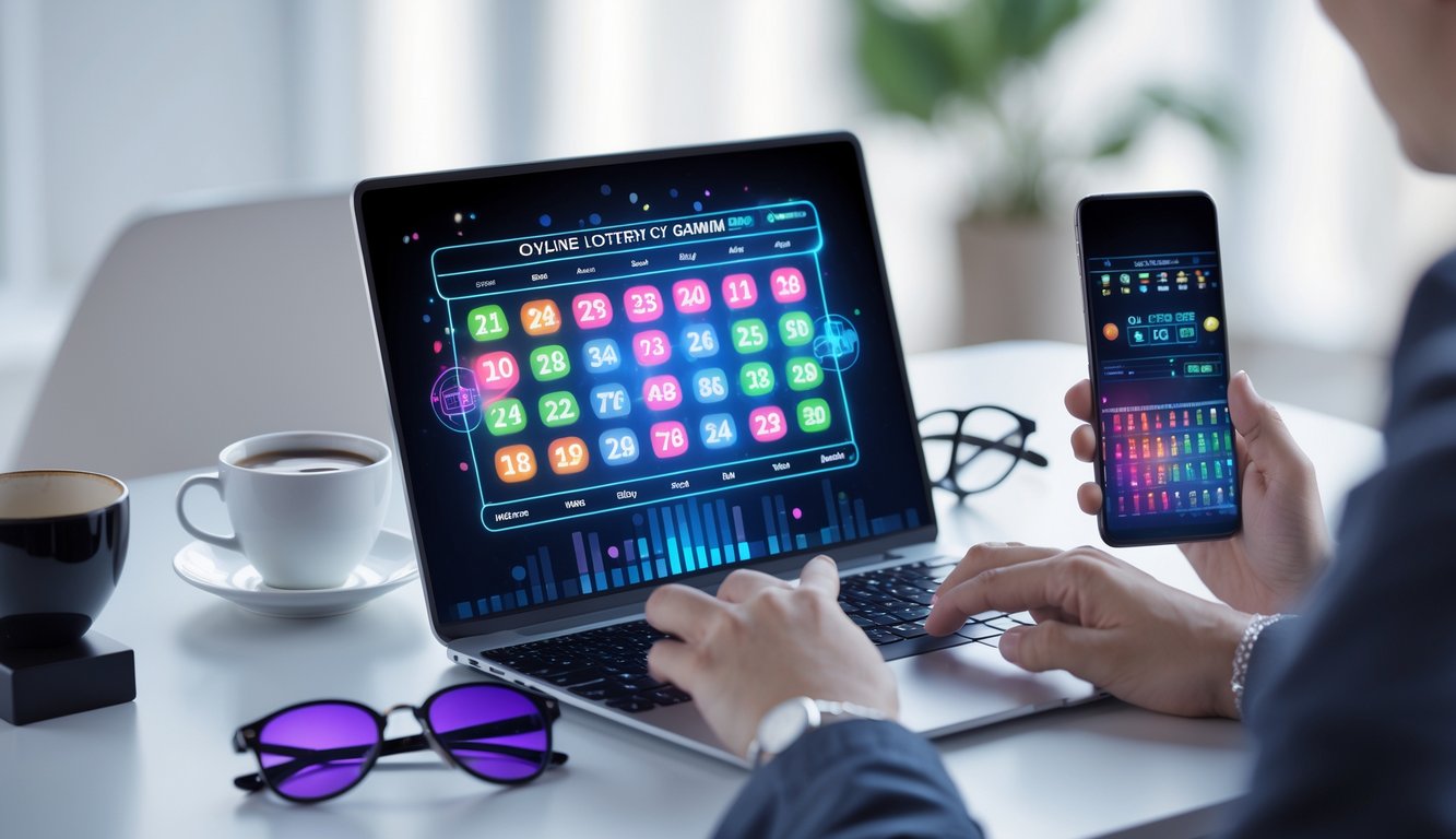 Seorang pria menggunakan laptop di meja kerja dengan tampilan antarmuka digital terkait lotere online, dikelilingi oleh ponsel, cangkir kopi, dan kacamata.