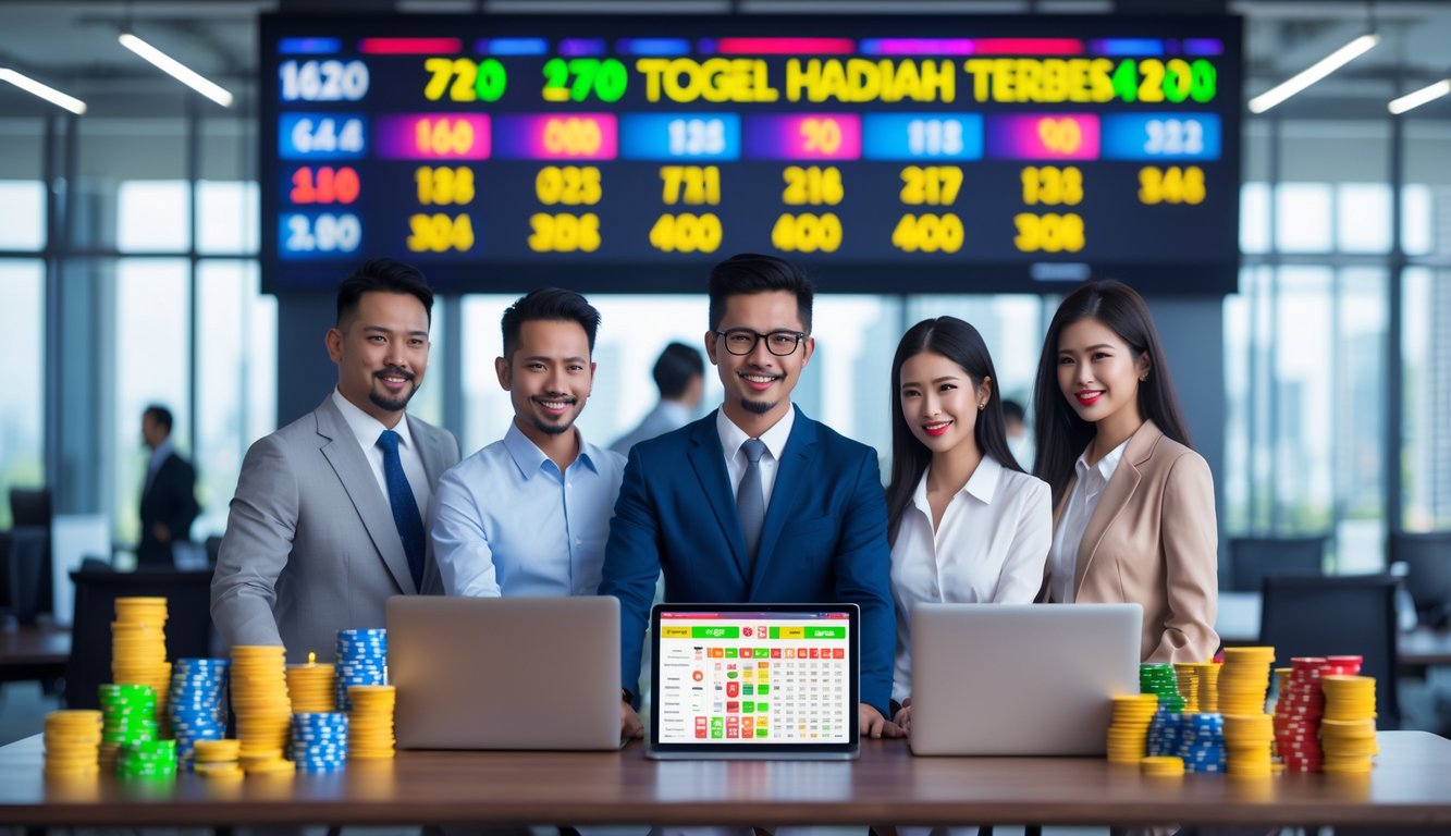 Sekelompok orang di ruang kantor modern melihat layar dengan angka dan grafik lotre, menunjukkan suasana antisipasi dan kemenangan besar.