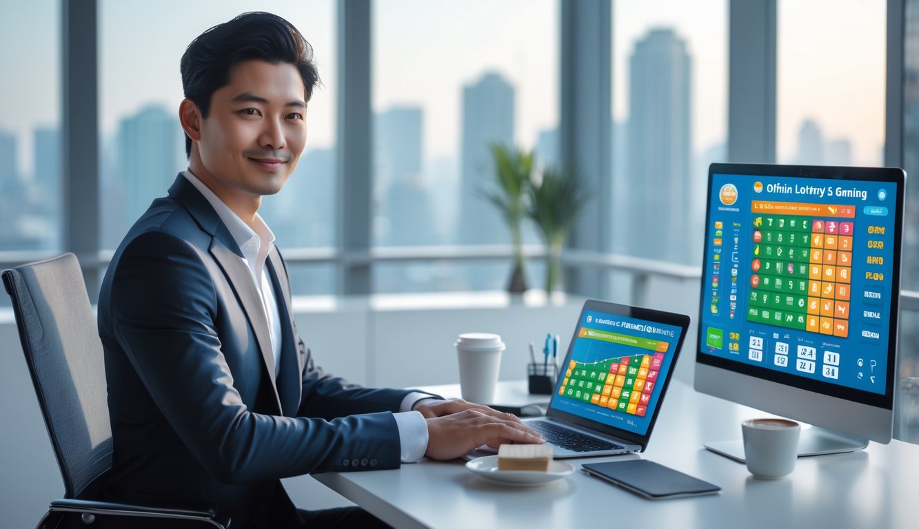 Seorang profesional duduk di meja kantor dengan laptop dan ponsel yang menampilkan grafik angka lotere, di latar belakang terlihat pemandangan kota.