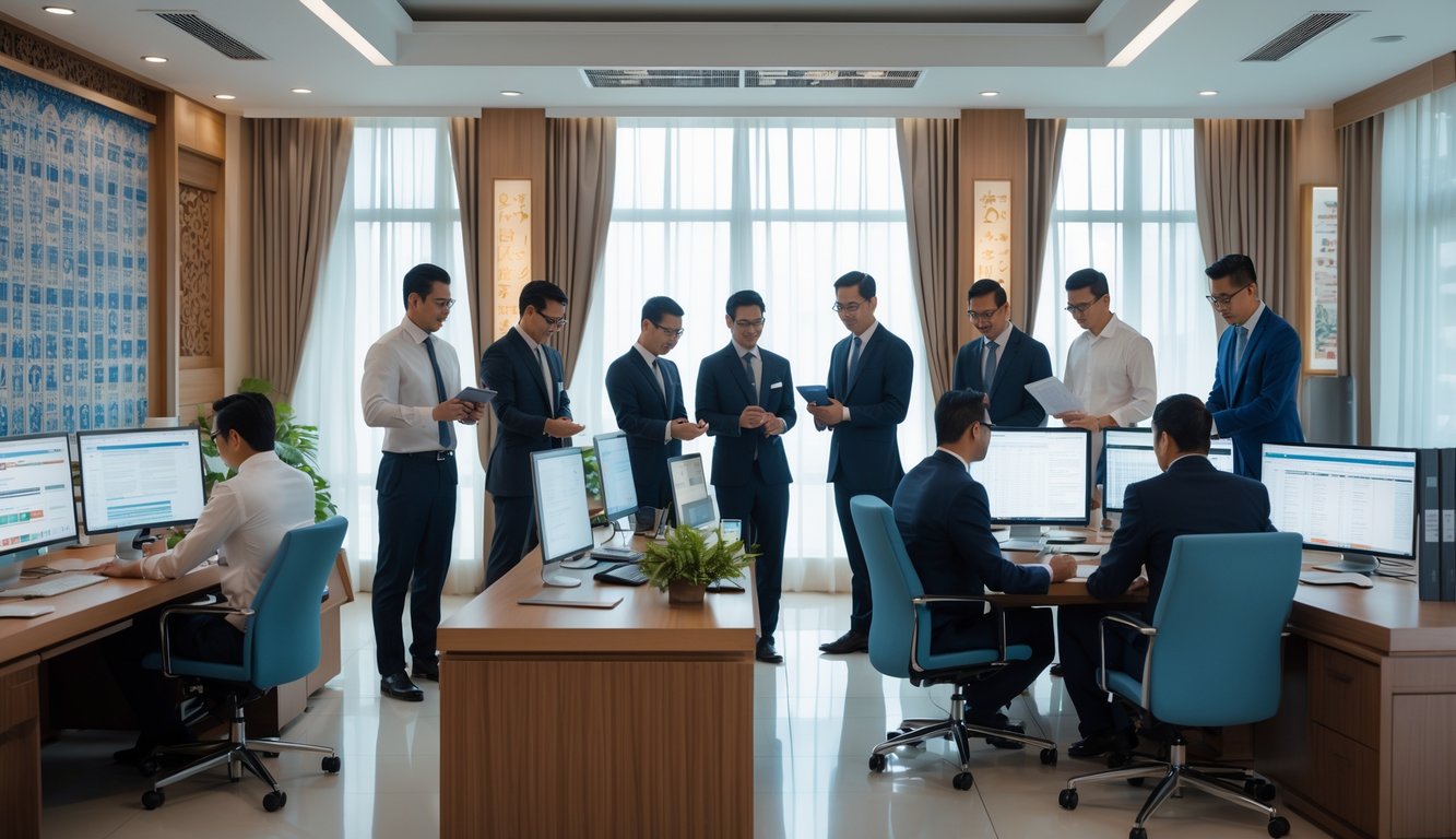 Sejumlah profesional di kantor modern sedang bekerja dengan komputer dan dokumen, suasana resmi dan rapi dengan elemen budaya Indonesia.