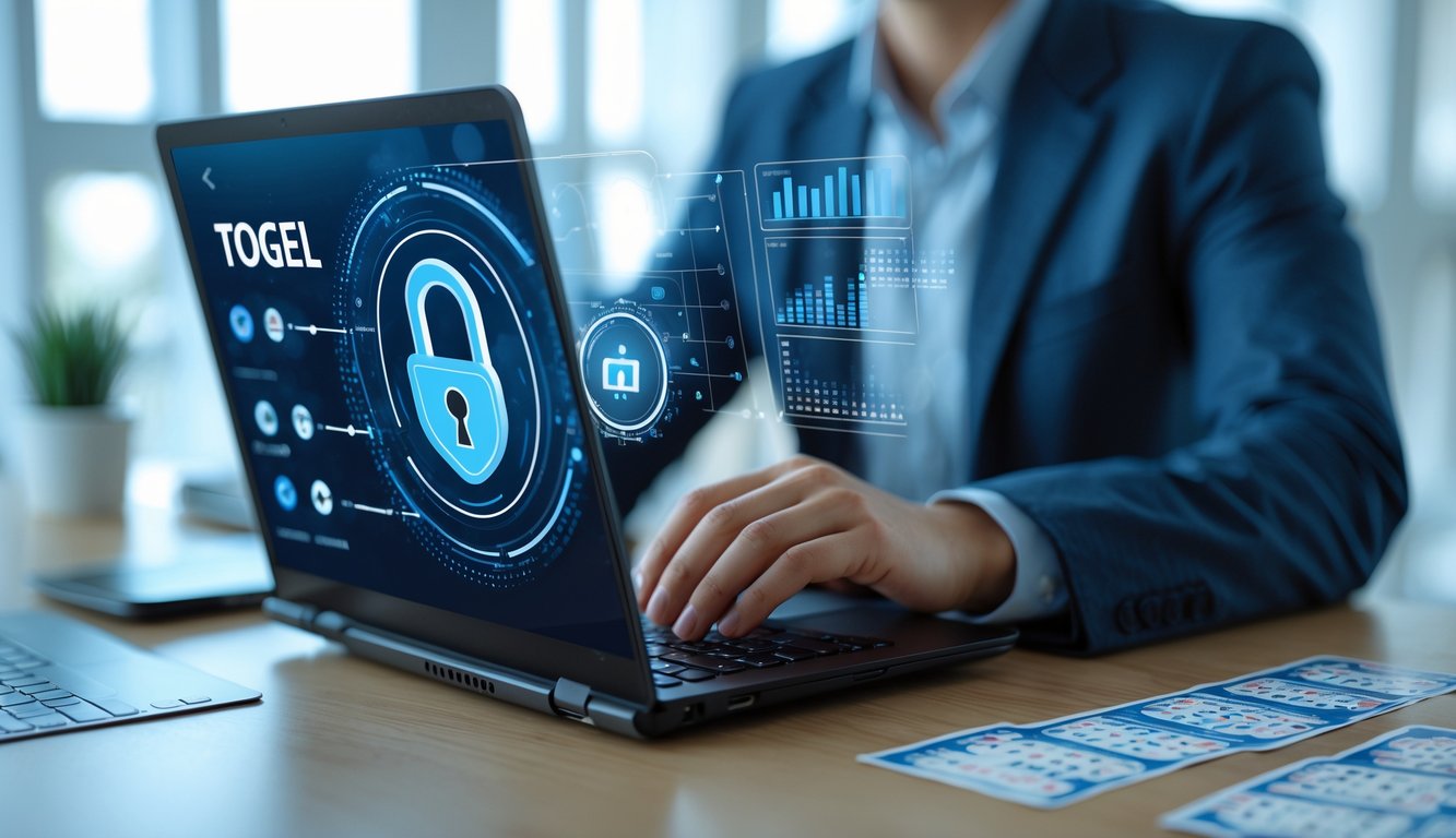 Seseorang menggunakan laptop di ruang kerja yang terang dengan grafik keamanan digital di layar, menggambarkan lingkungan judi togel yang aman dan terpercaya.