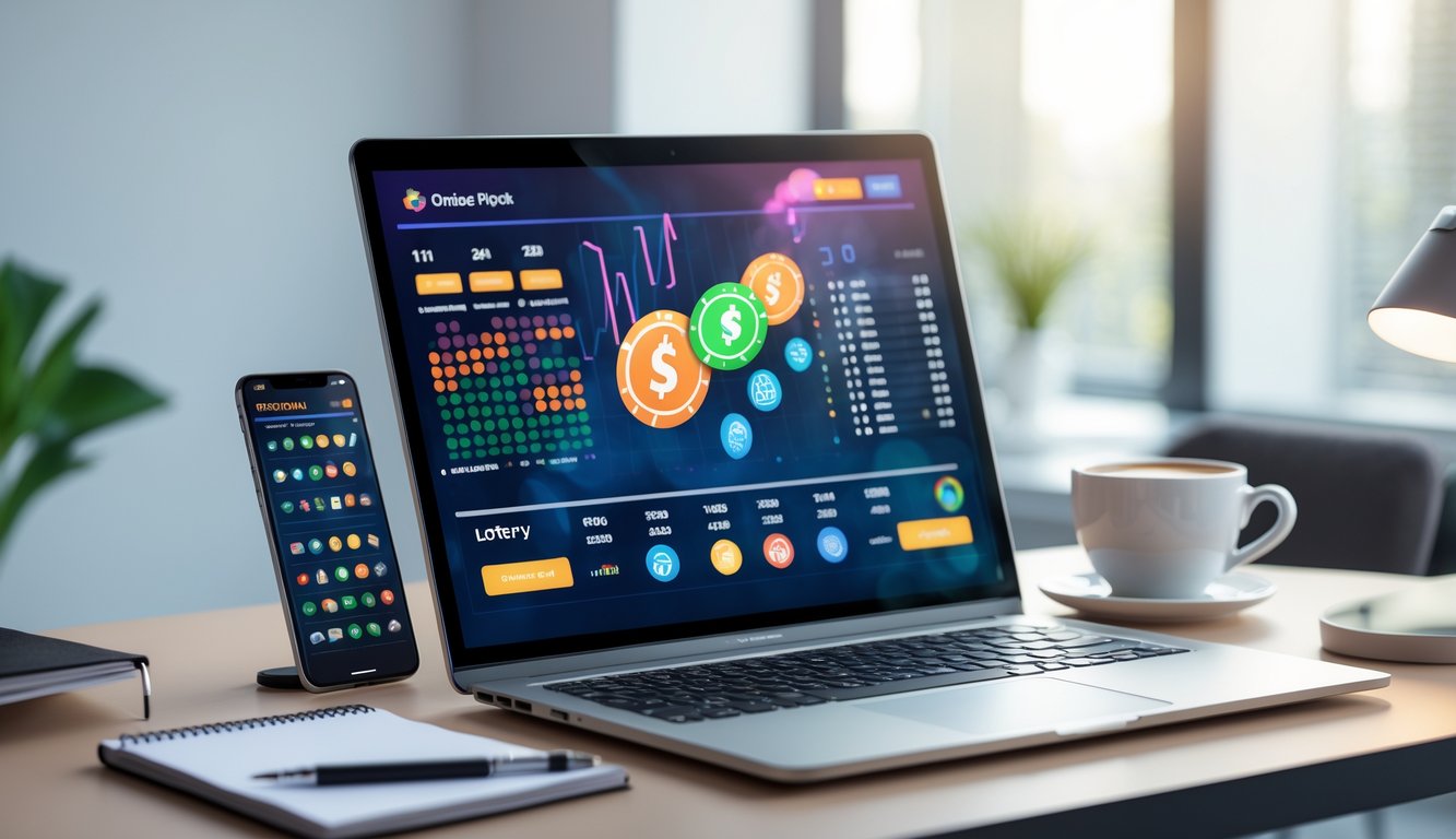 Meja kerja modern dengan laptop dan ponsel yang menampilkan aplikasi togel online, dilengkapi dengan cangkir kopi dan alat tulis.