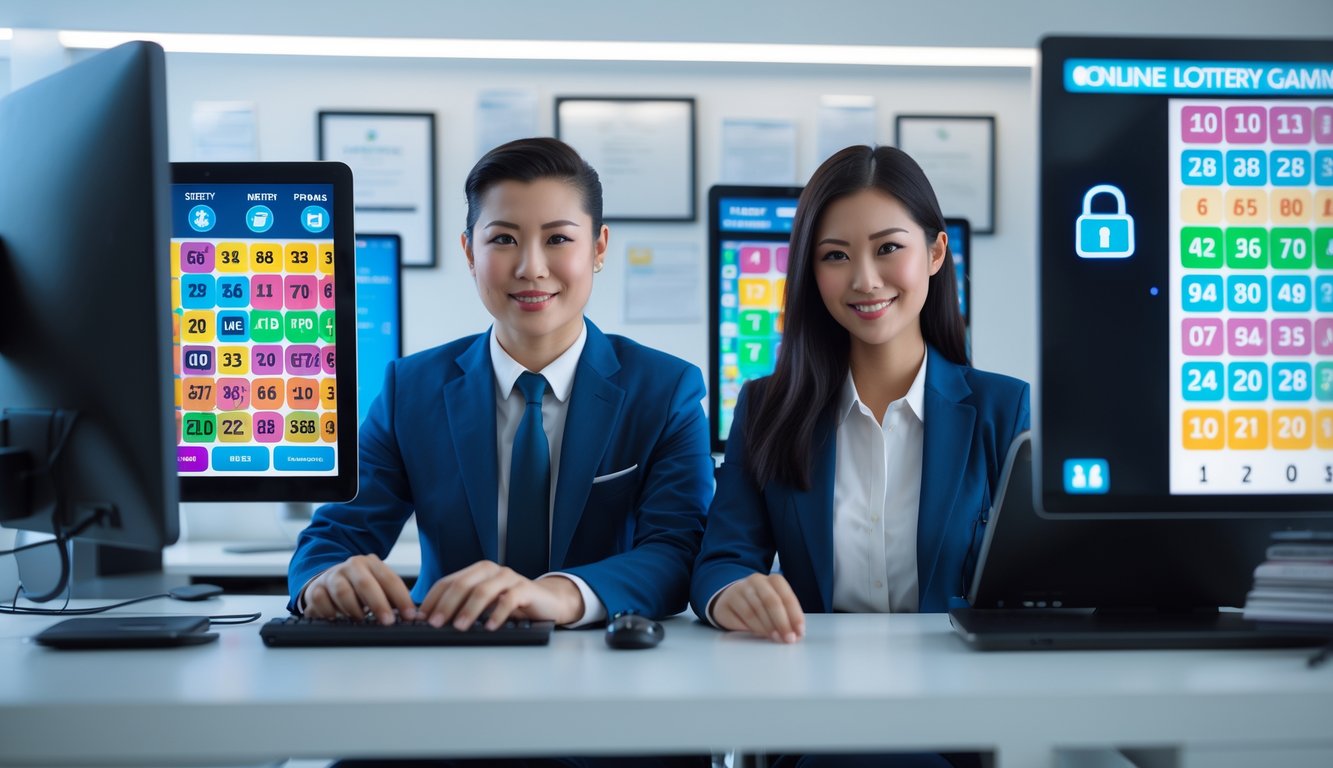 Seorang pria dan wanita bekerja bersama di kantor modern dengan layar komputer menampilkan angka togel.