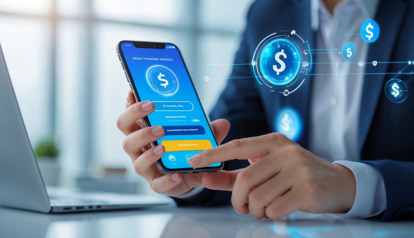 Tangan seseorang memegang ponsel dengan aplikasi pembayaran digital di layar, di latar belakang kantor yang terang dan bersih.