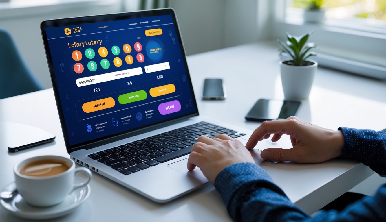 Seseorang menggunakan laptop di meja kerja yang rapi dengan tampilan situs togel online di layar.