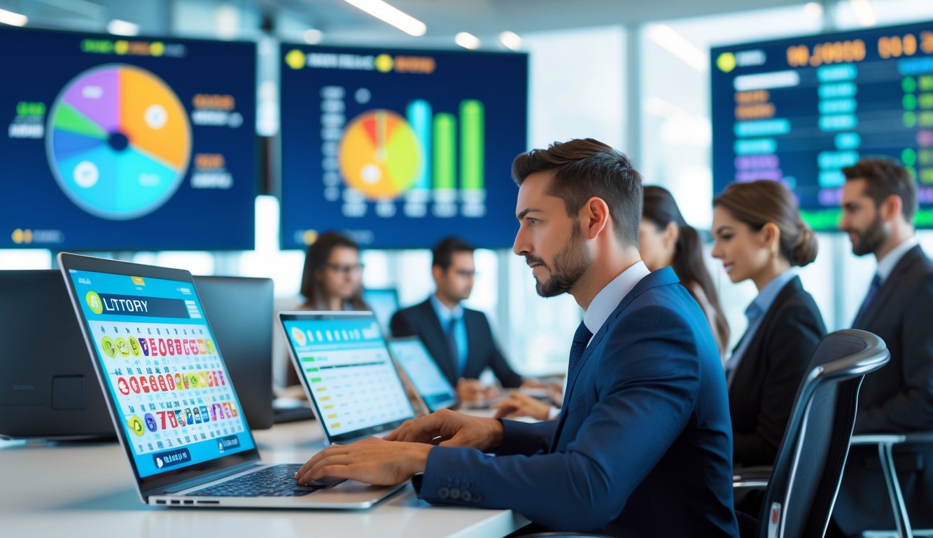 Orang-orang profesional bekerja di kantor modern dengan layar digital menampilkan angka dan grafik lotere.