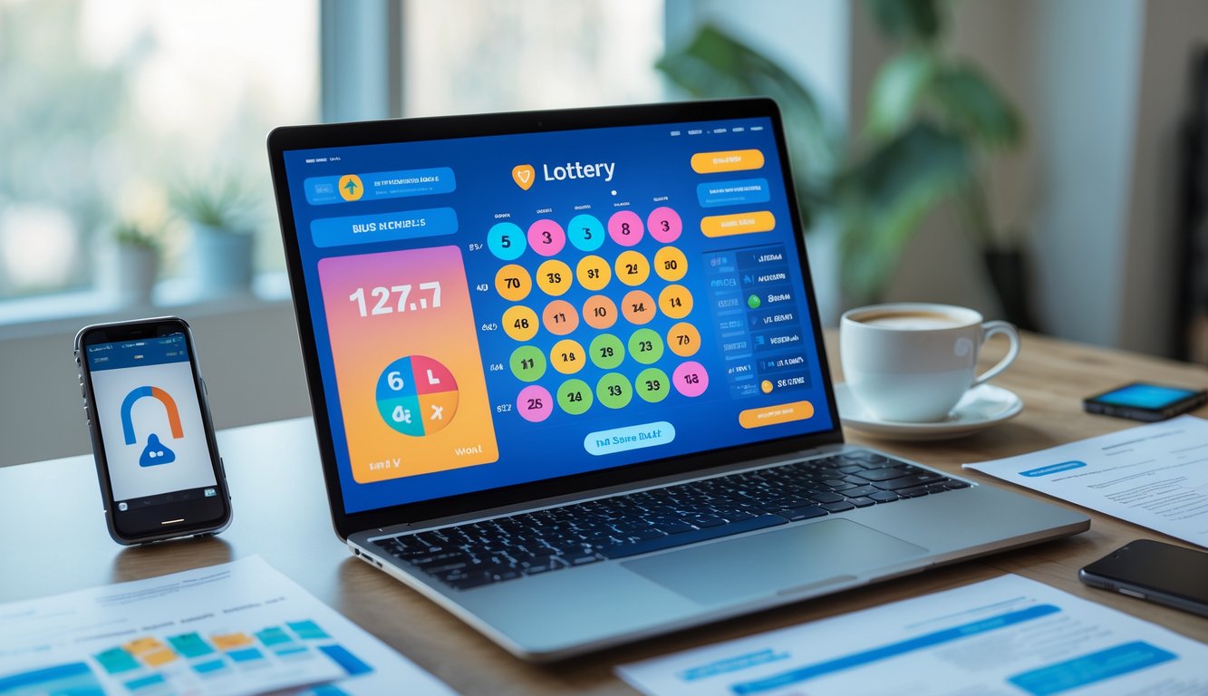 Meja kerja dengan laptop yang menampilkan situs togel online, ponsel, dan dokumen di ruangan yang terang dan rapi.