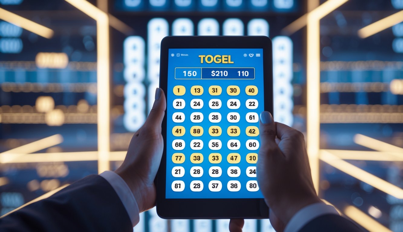 Seorang pria memeriksa tiket togel di lingkungan modern dengan papan angka digital dan lampu latar yang lembut.