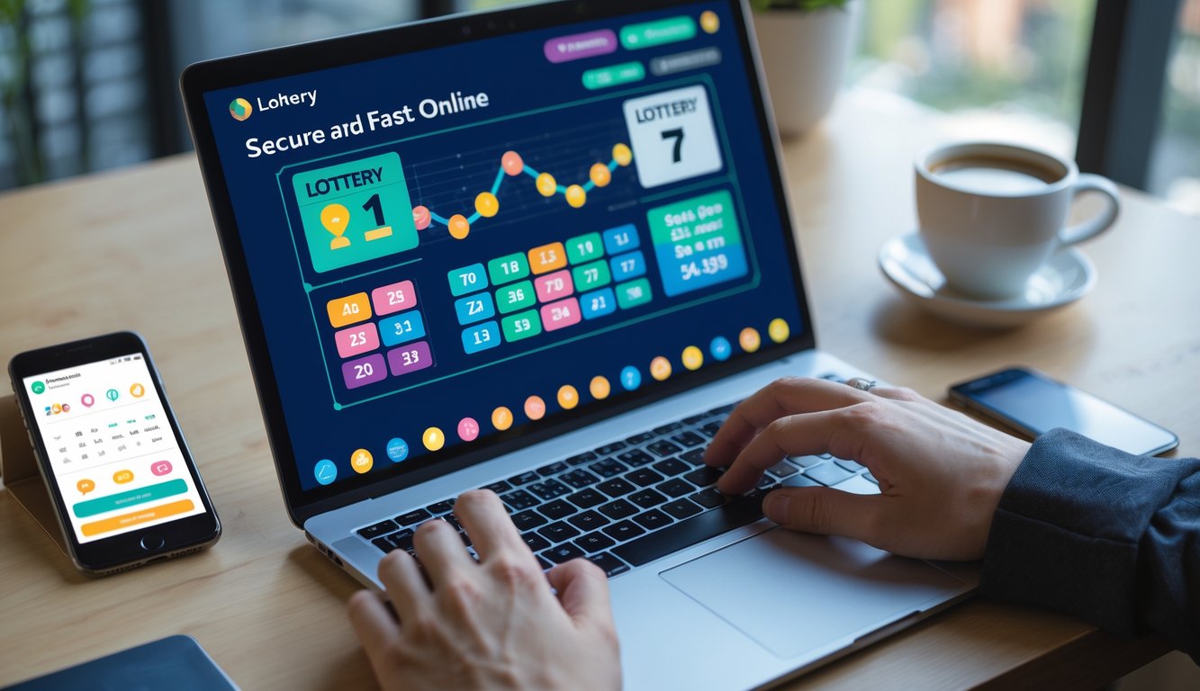 Orang menggunakan laptop dengan tampilan antarmuka lotere digital di layar, di meja kerja modern dengan ponsel dan cangkir kopi.