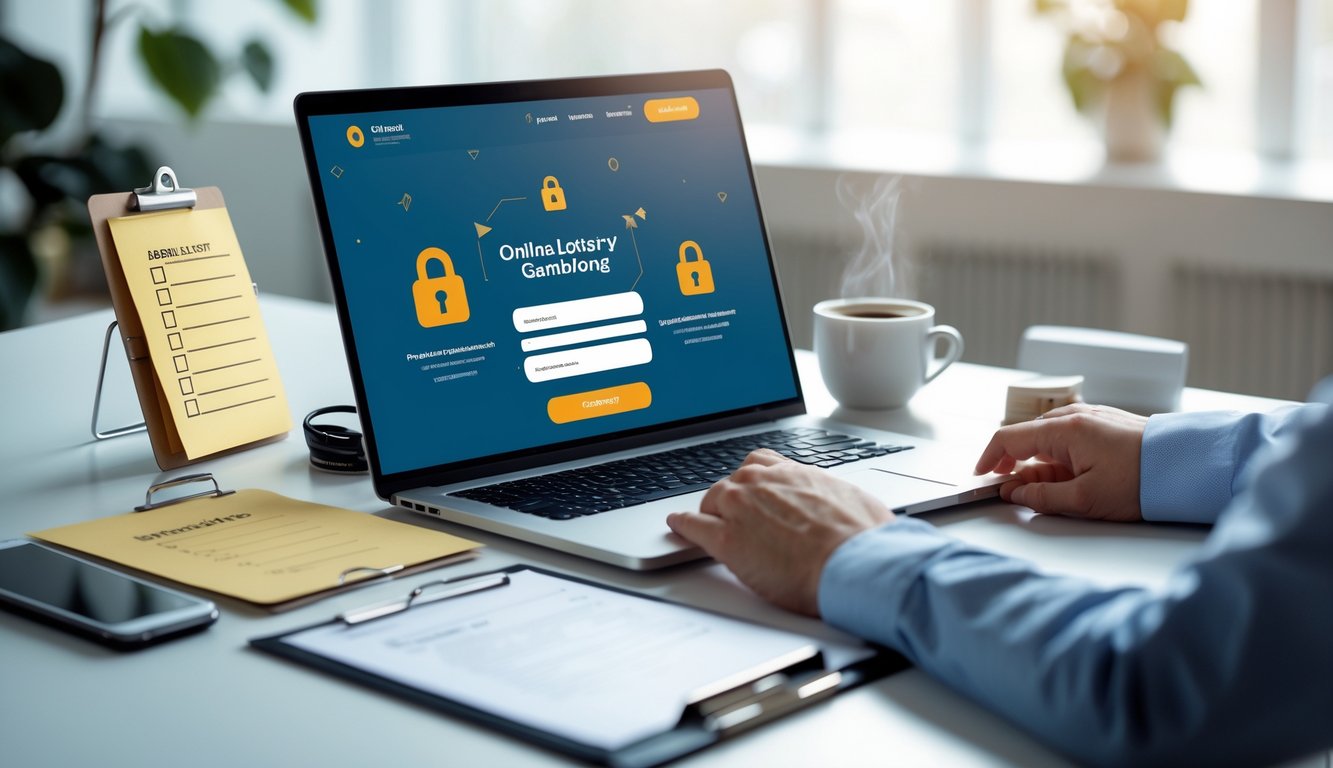 Sebuah laptop di meja kerja menampilkan situs lotere online dengan suasana profesional dan elemen yang melambangkan kepercayaan.