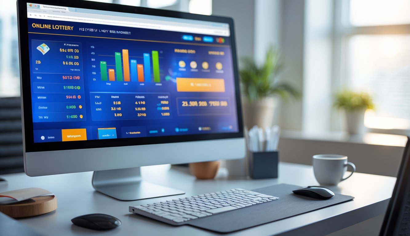 Meja kerja modern dengan komputer yang menampilkan situs togel online, dilengkapi dengan aksesori kantor dan pencahayaan alami.