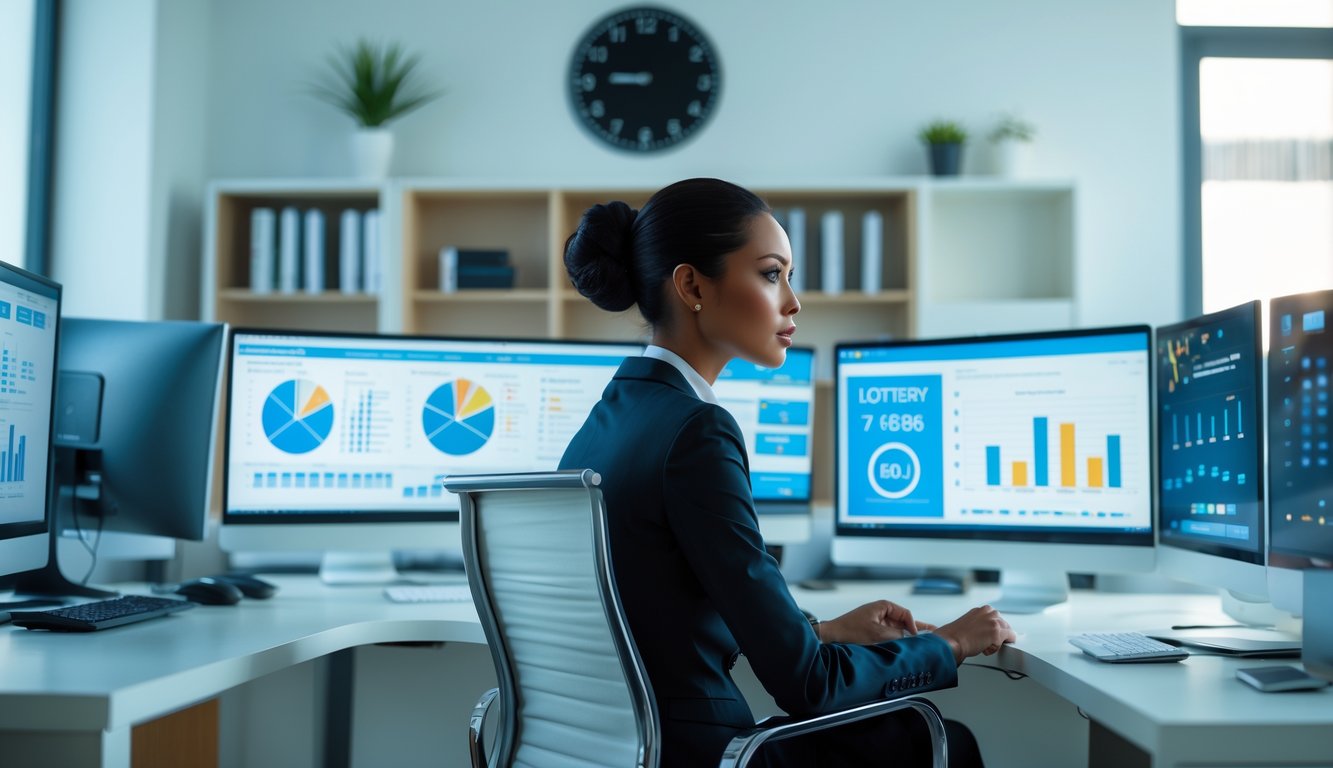 Seorang wanita profesional sedang menganalisis data di depan beberapa layar komputer di kantor modern.