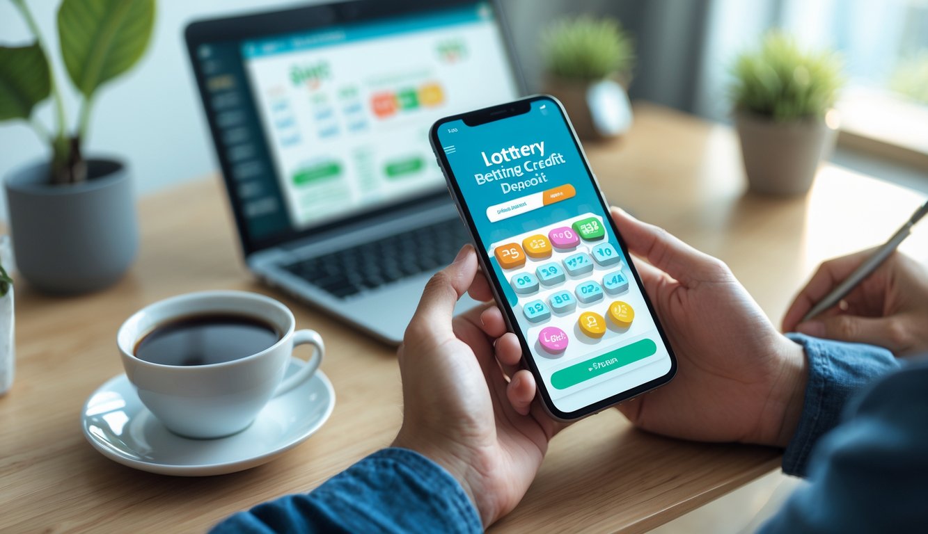 Seseorang sedang menggunakan ponsel di meja kerja dengan laptop dan cangkir kopi di dekatnya.