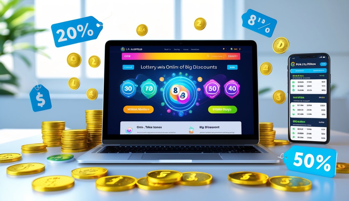 Sebuah laptop di meja kerja menampilkan situs togel online dengan ikon diskon dan koin digital di sekitarnya.
