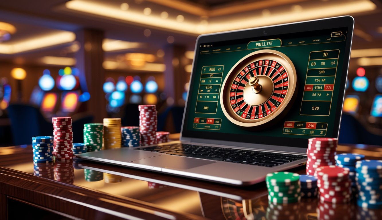 Sebuah laptop menampilkan roda roulette digital dengan chip kasino di atas meja kayu di ruangan kasino yang mewah.