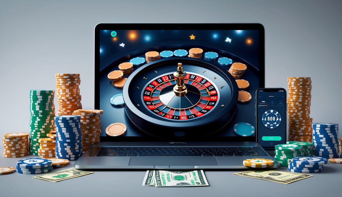 Sebuah layar komputer menampilkan permainan roulette online dengan chip kasino dan uang nyata di sekitarnya.